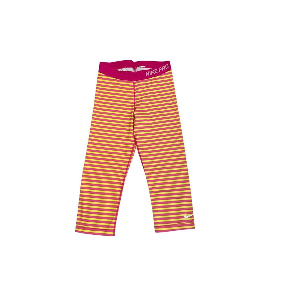 Nike Pro Crop Athletic Leggings Pink Yellow Stripe Size Girl's Medium 10/12